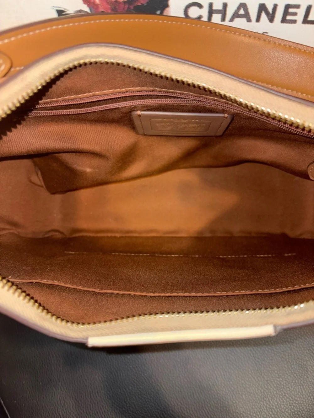 Coach Beige Signature Canvas Hobo with Cream Center Panel and Tan Trim